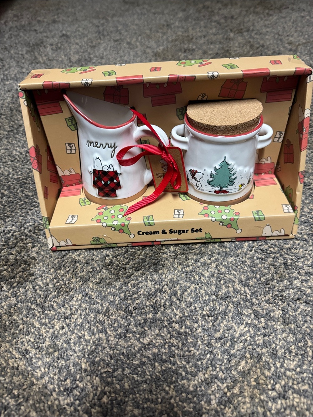Rae Dunn & Peanuts Festive Cream & Sugar Set - Snoopy Woodstock Christmas Xmas